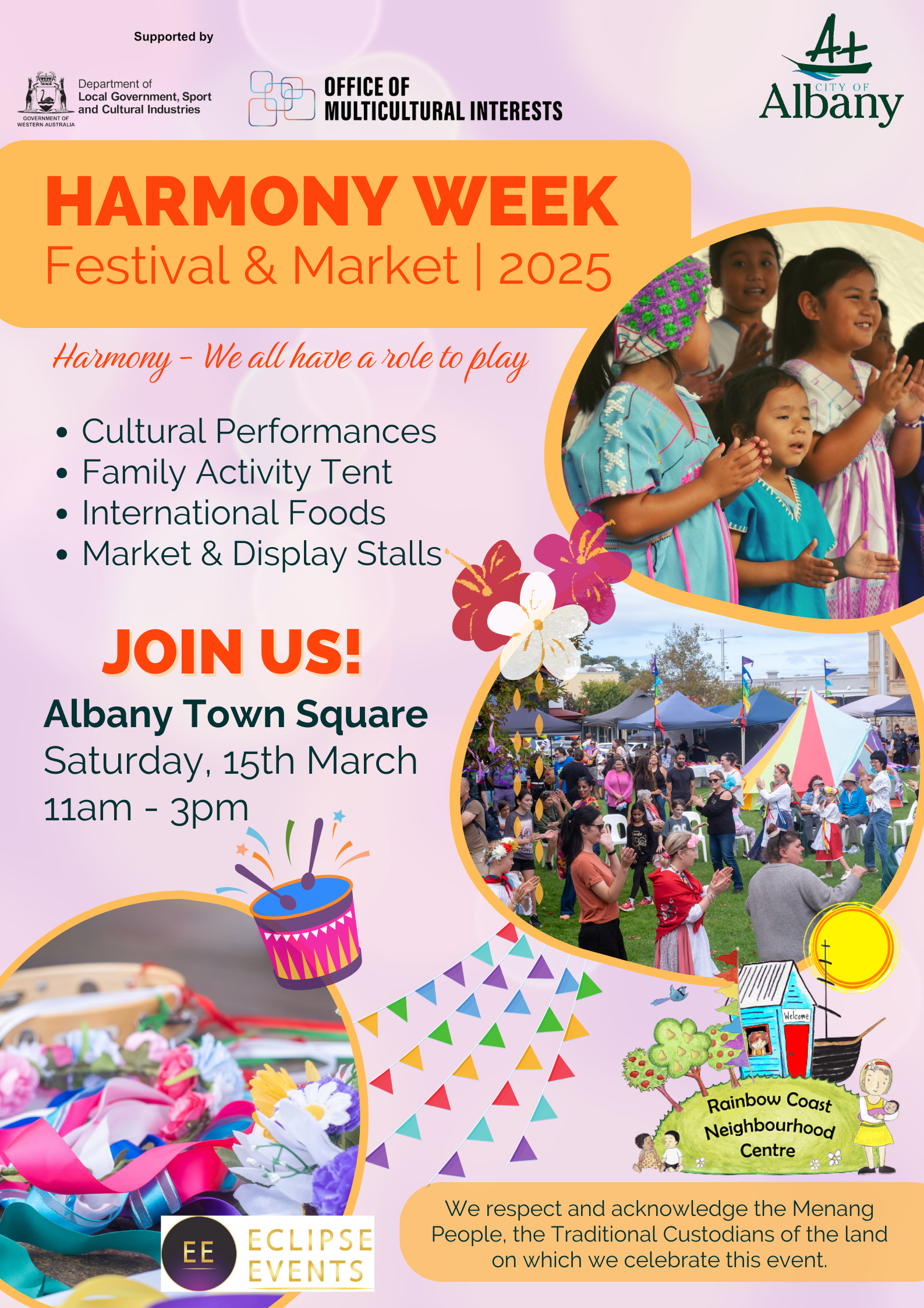 2025 Harmony Festival Poster with images of people enjoying the festival, and text Albany Town Square 15 March, 11am to 3om.