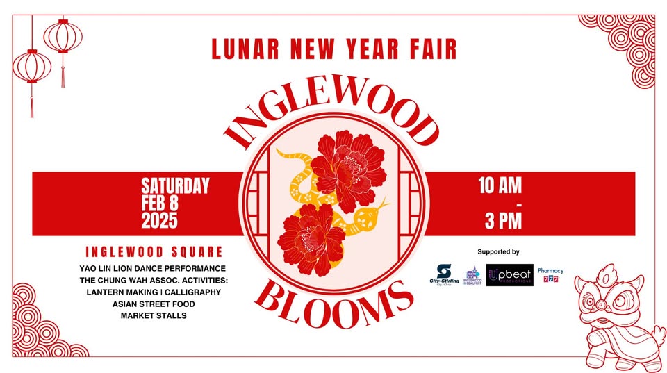Poster for Inglewood blooms lunar new year fair. Saturday 8 February 2025 from 10am to 3pm