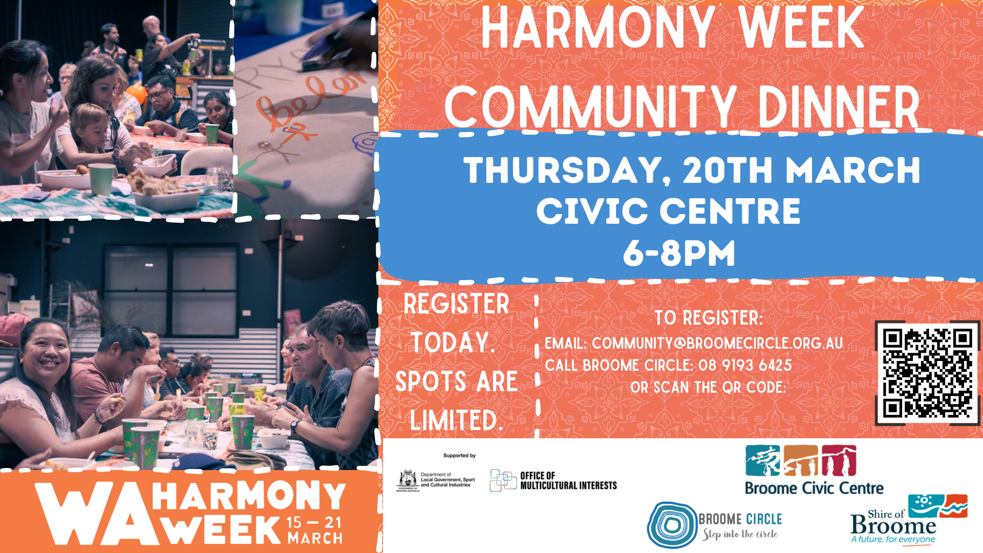 Broome Harmony Week Community Dinner poster.  Thursday 20 March 6-8PM.