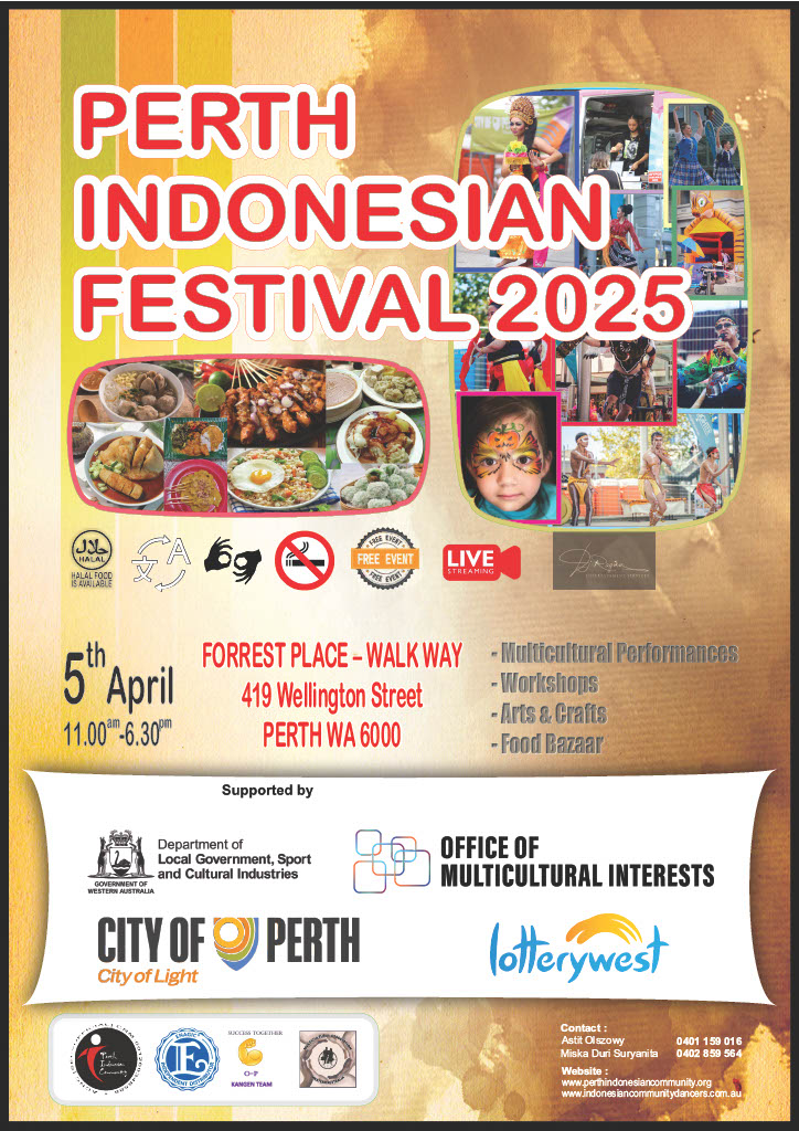 Poster for Perth Indonesian Festival 2025. 11-6.30pm 5 April 2025. Forrest Place Perth, with supporter logos