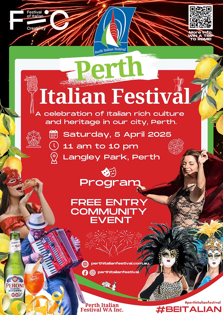 Poster for Perth Italian Festival. Saturday 5 April. With images of a dancer, people wearing carnivale masks, accoridan player and Italian food