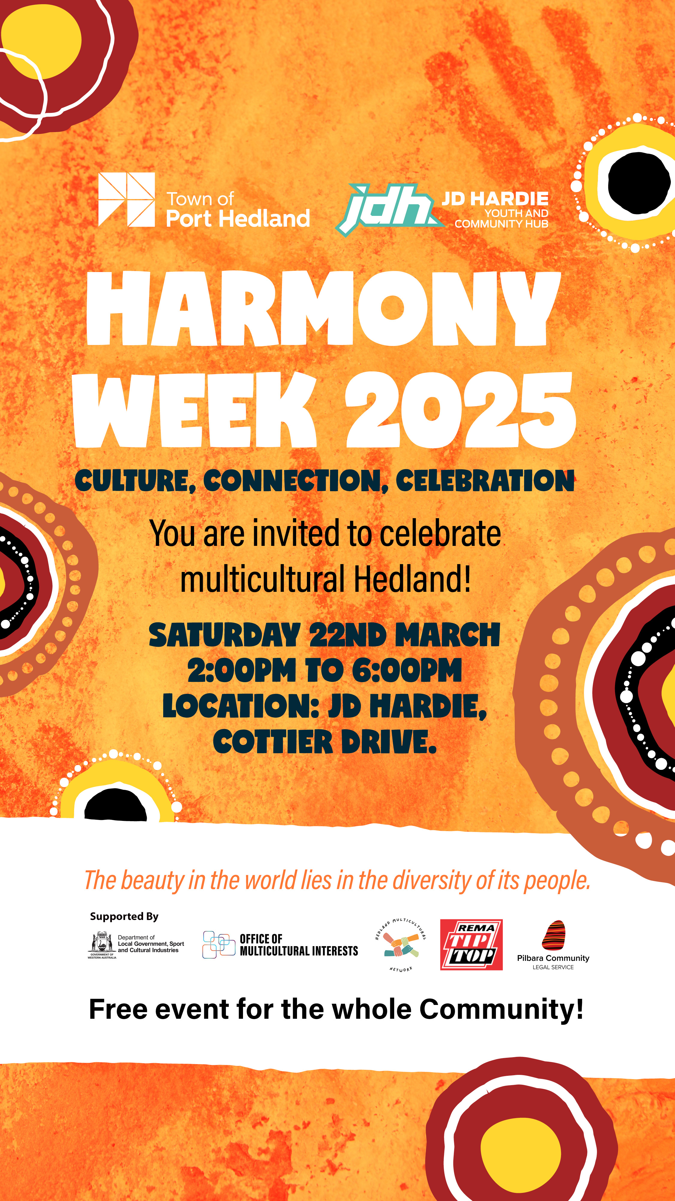 Poster for Town of Port Hedland Harmony Week event 22 March 2025. 2-6pm at JD Hardie Cottier Drive