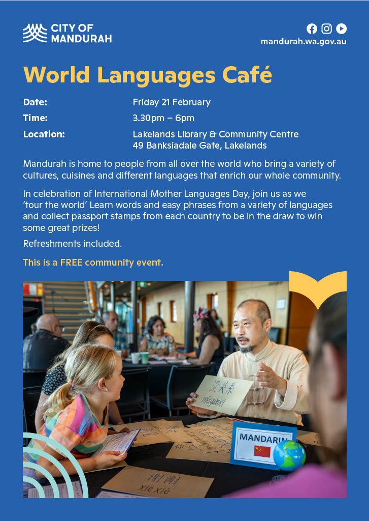Poste rfor World language cafe event Friday 21 February 2025. With image of a man teaching a child.